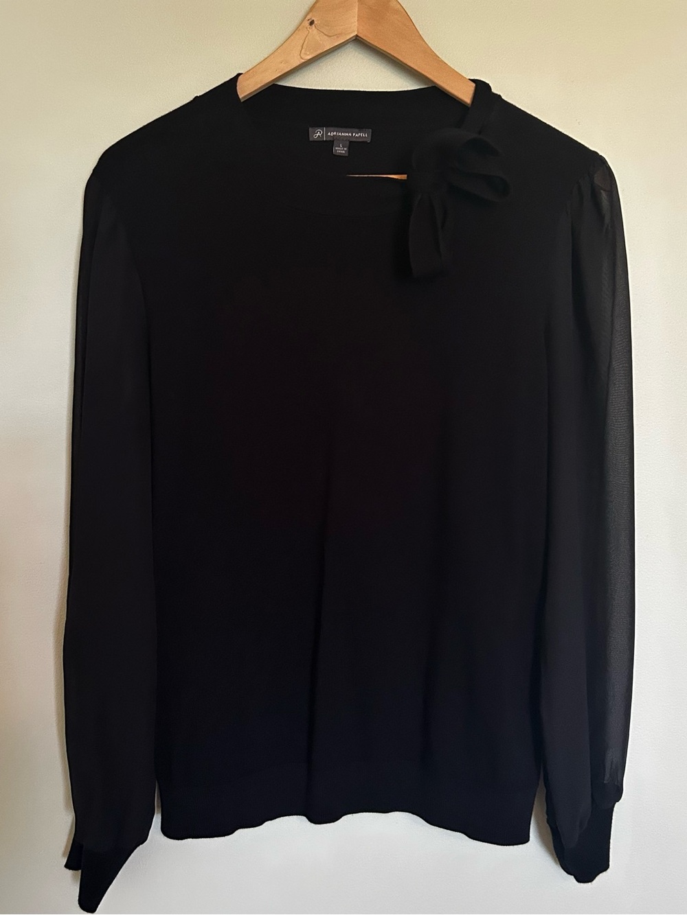Women’s Adrianna Papell Black Blouse with Sheer Sleeves and Bow - Size Large